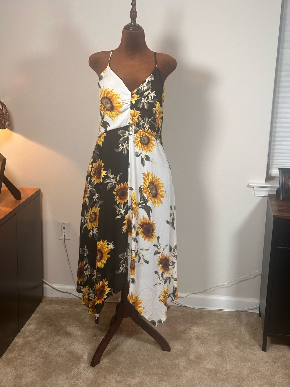 White House Black Market Black & White Sunflower Asymmetrical Midi Dress